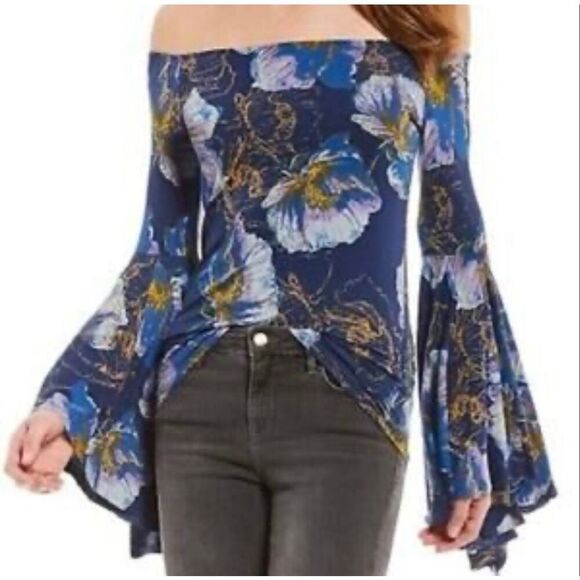 Free People Printed Birds of Paradise Off Shoulder Bell Sleeve Top size L - Picture 7 of 8